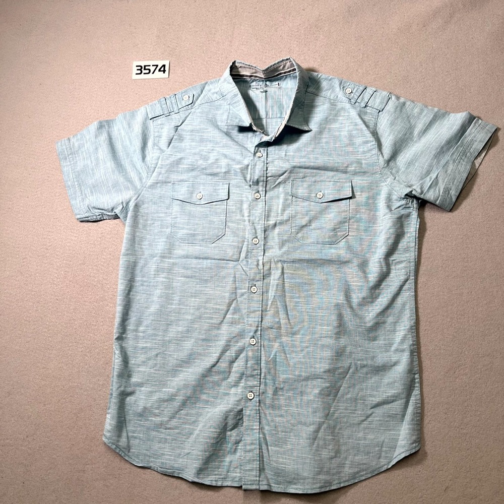 Pd&c Shirt Men Large Blue Stretch Slim Fit Pockets Short Sleeve Casual Button Up
